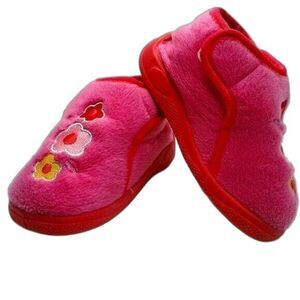 Toddler Fleece Slippers Booties Pink Silver Flowers Velcro Rubber Sole Size 7/8